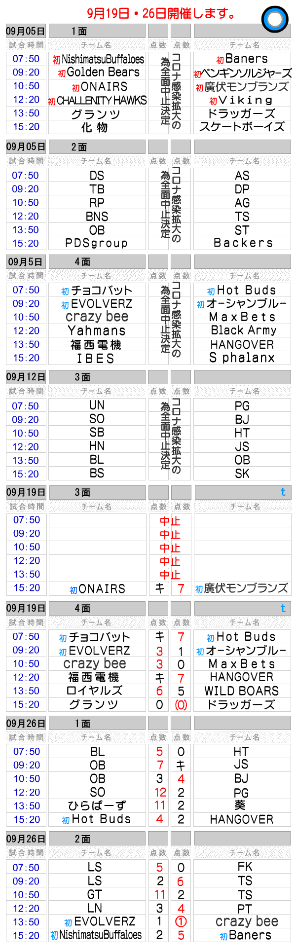 草野球大会 ９月試合日程表 大阪北リーグ野球大会